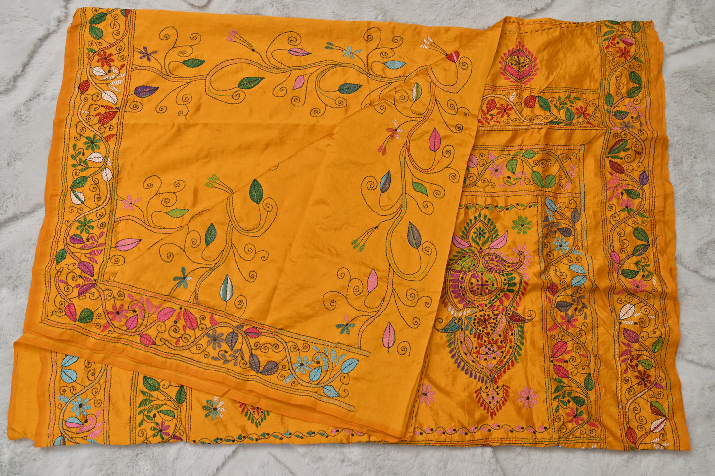 Yellow Silk Kaatha Work Saree