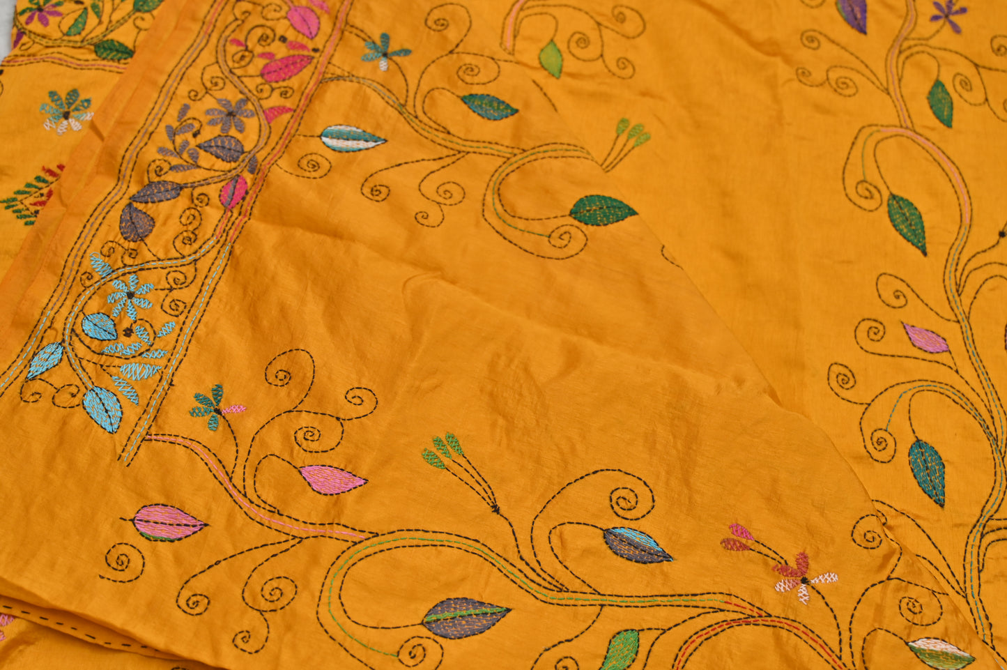 Yellow Silk Kaatha Work Saree