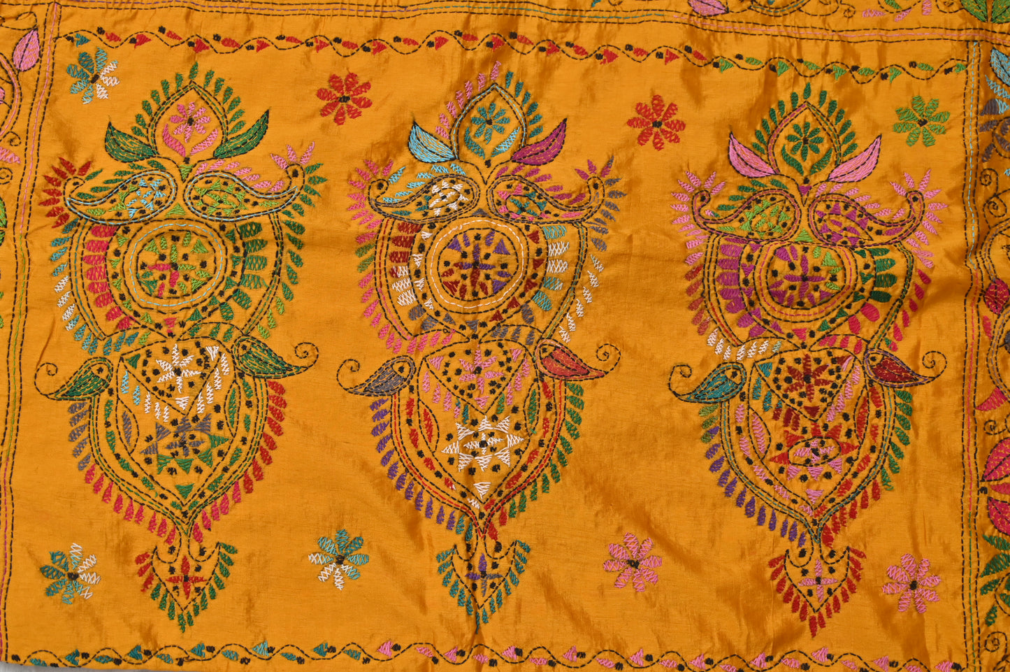 Yellow Silk Kaatha Work Saree