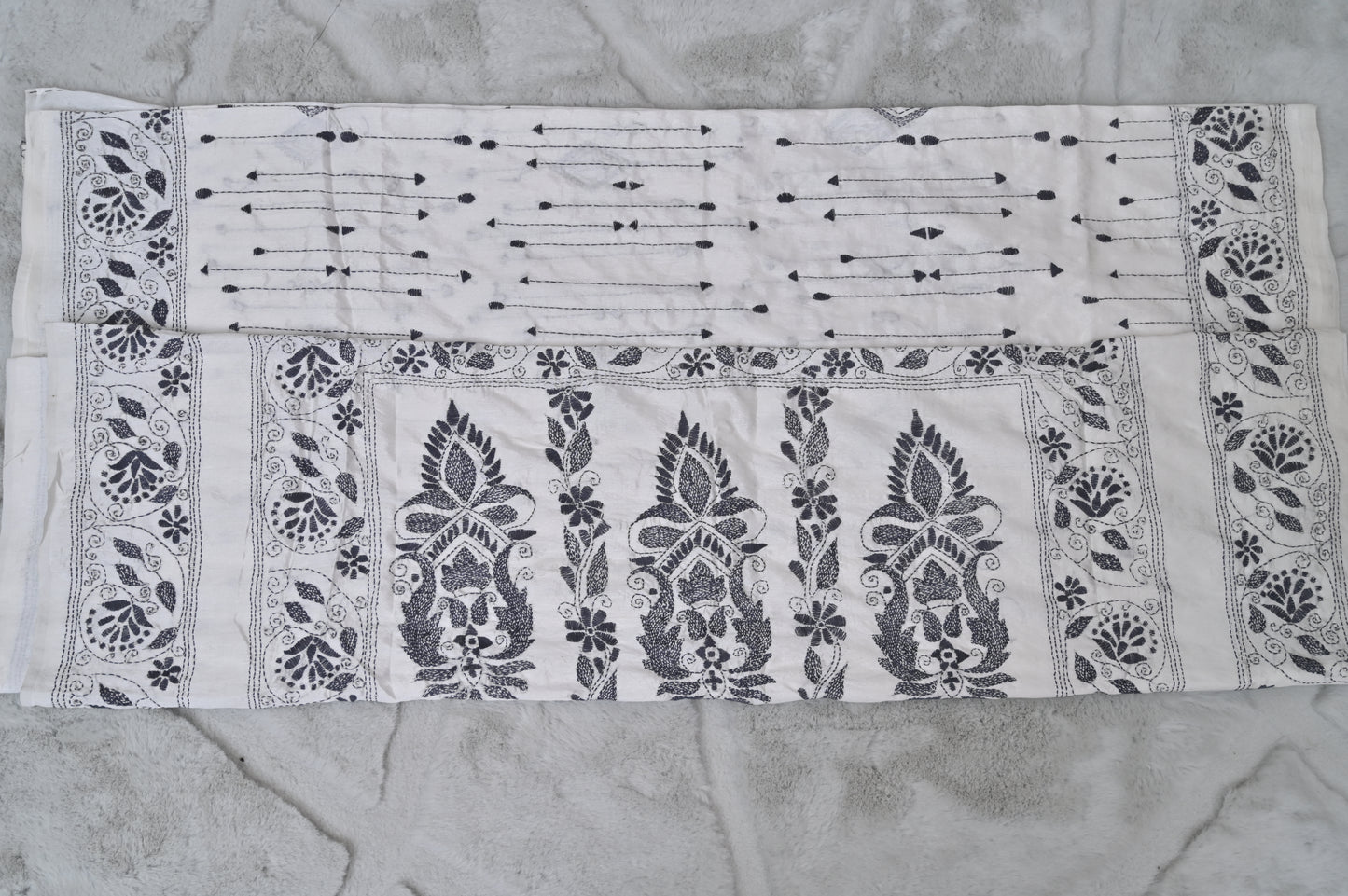 White and Grey Silk Kaatha Work Saree
