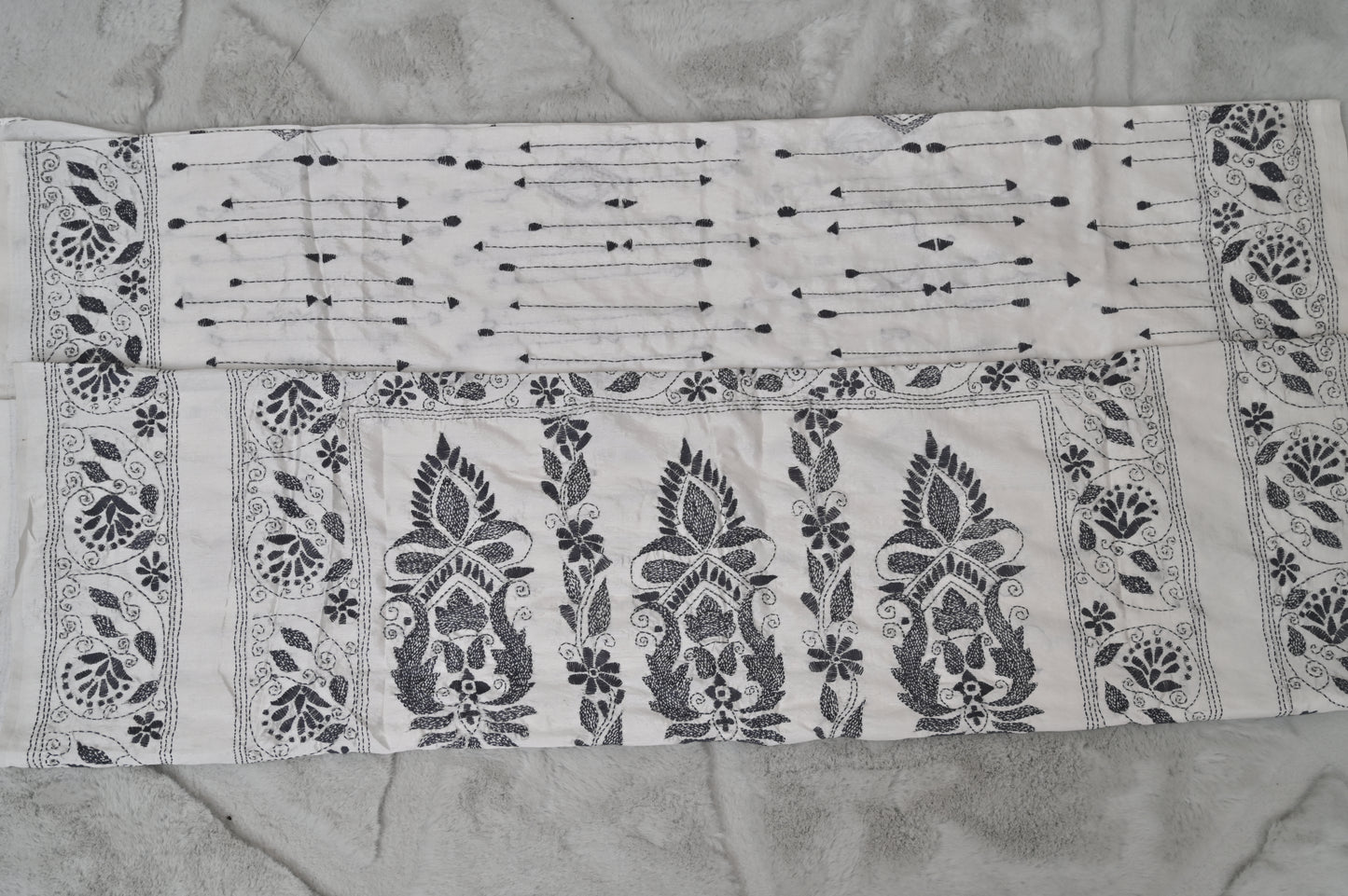 White and Grey Silk Kaatha Work Saree