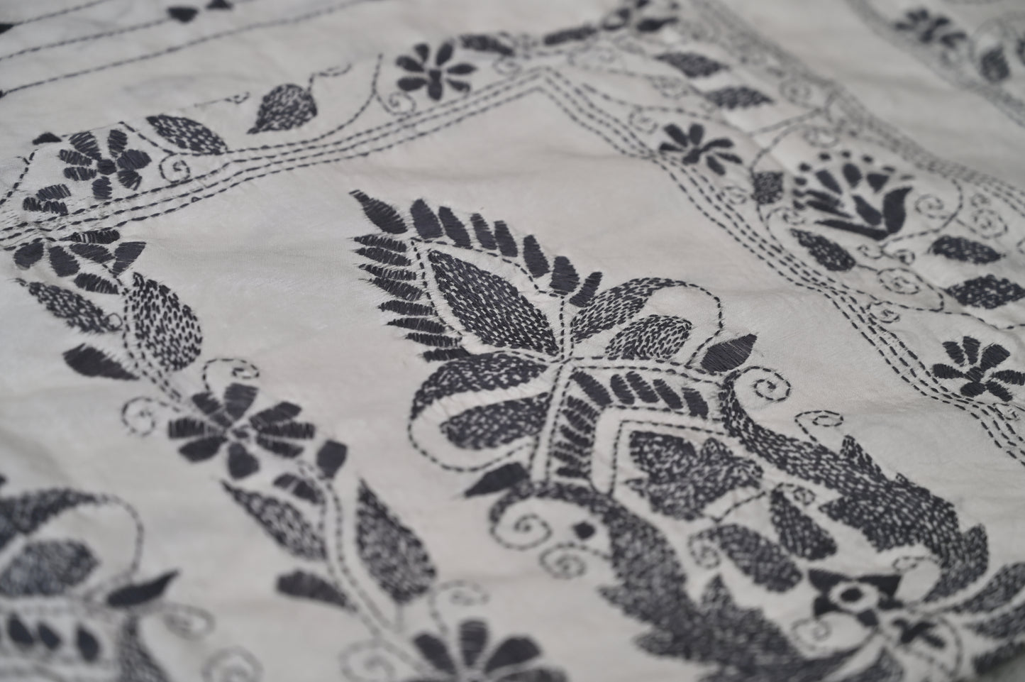 White and Grey Silk Kaatha Work Saree