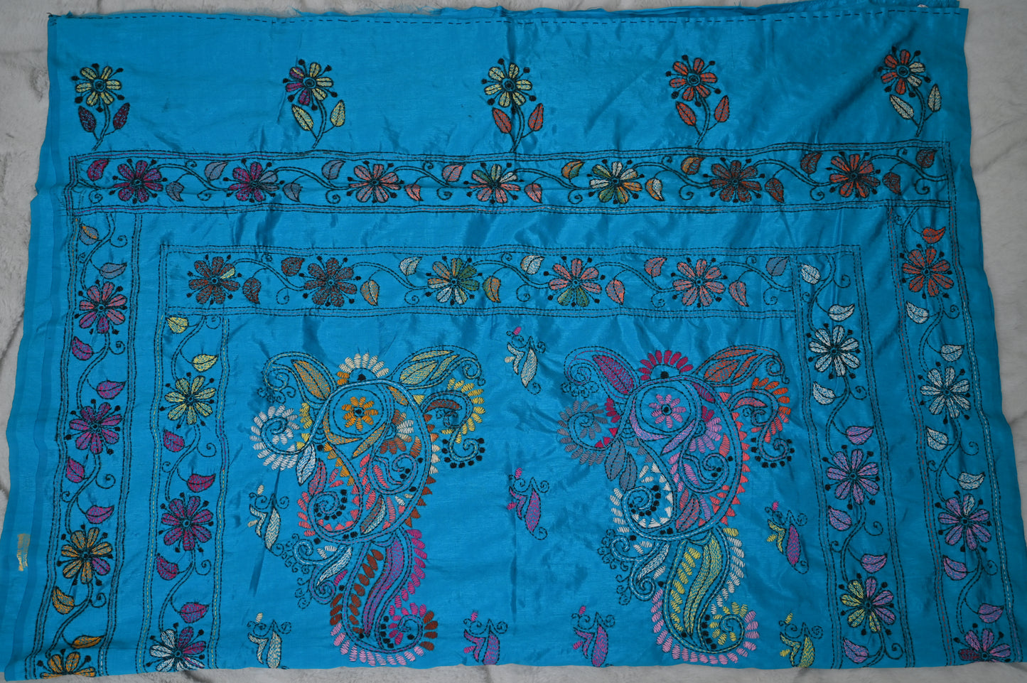 Blue Silk Kaatha Work Saree