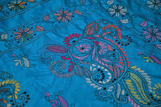 Blue Silk Kaatha Work Saree