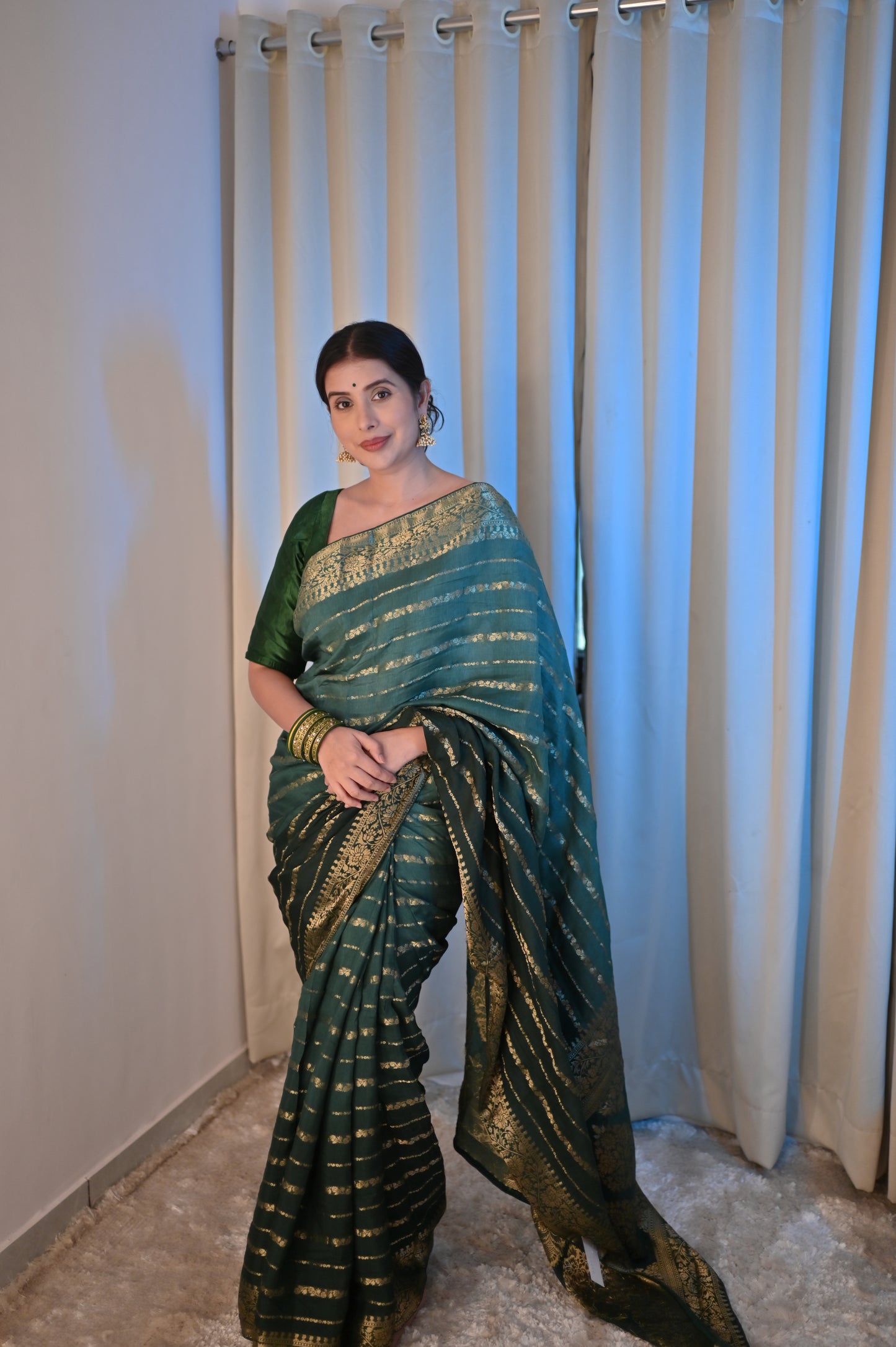 Beautiful Shaded Green Russian Silk Saree