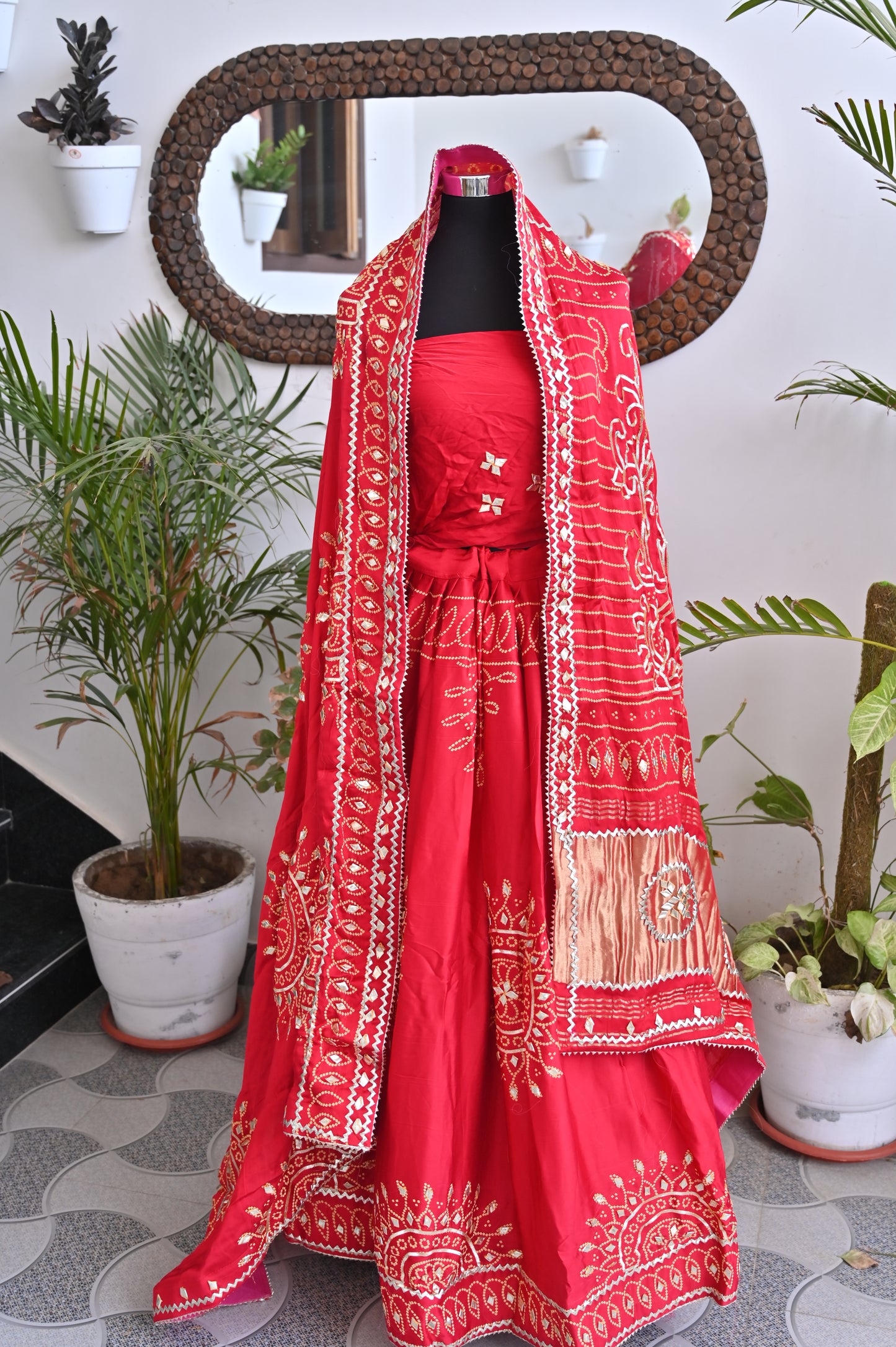 Gazi Silk Bandhini Lehanga with Gota Work (Semi-Stitched in Free Size)