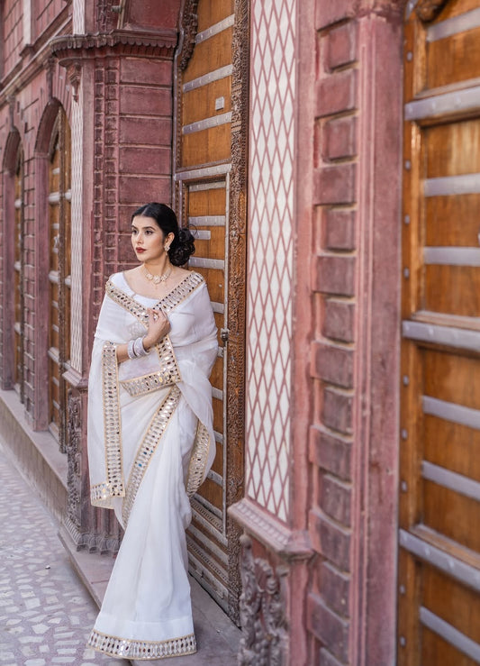 White Organza Mirror Work Saree