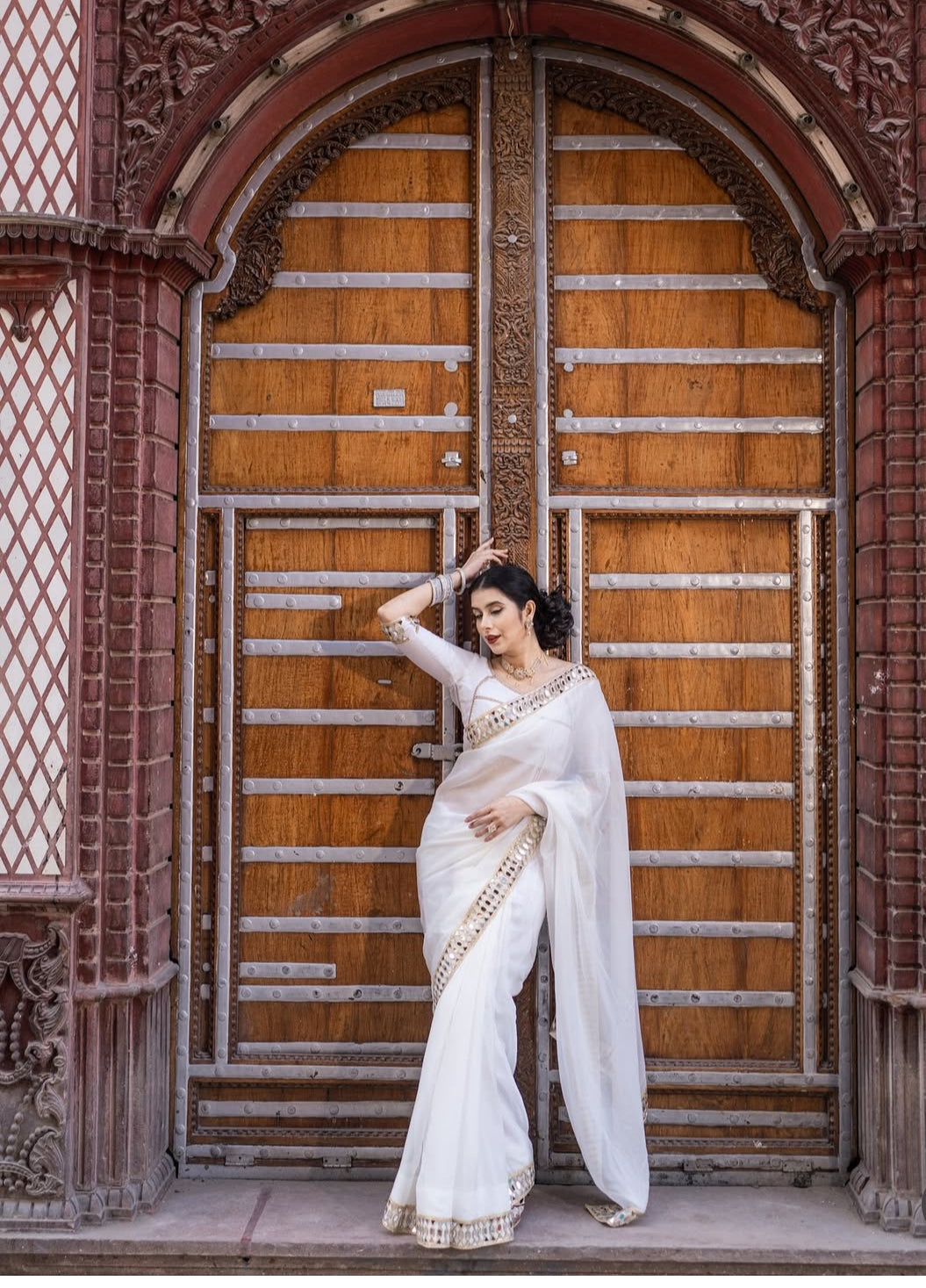 White Organza Mirror Work Saree