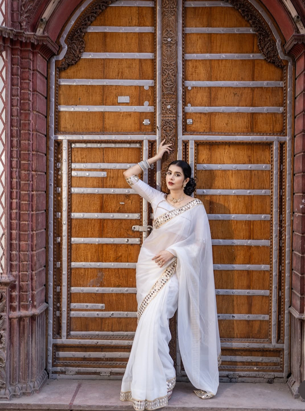 White Organza Mirror Work Saree