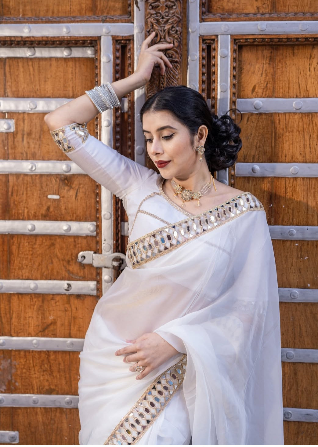 White Organza Mirror Work Saree