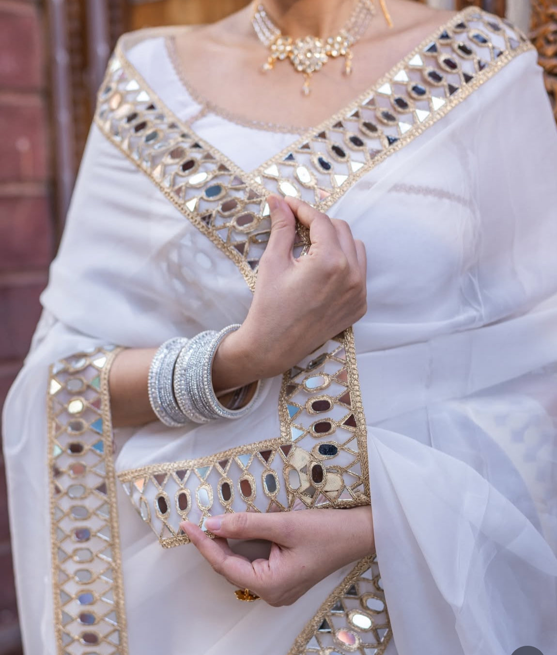 White Organza Mirror Work Saree