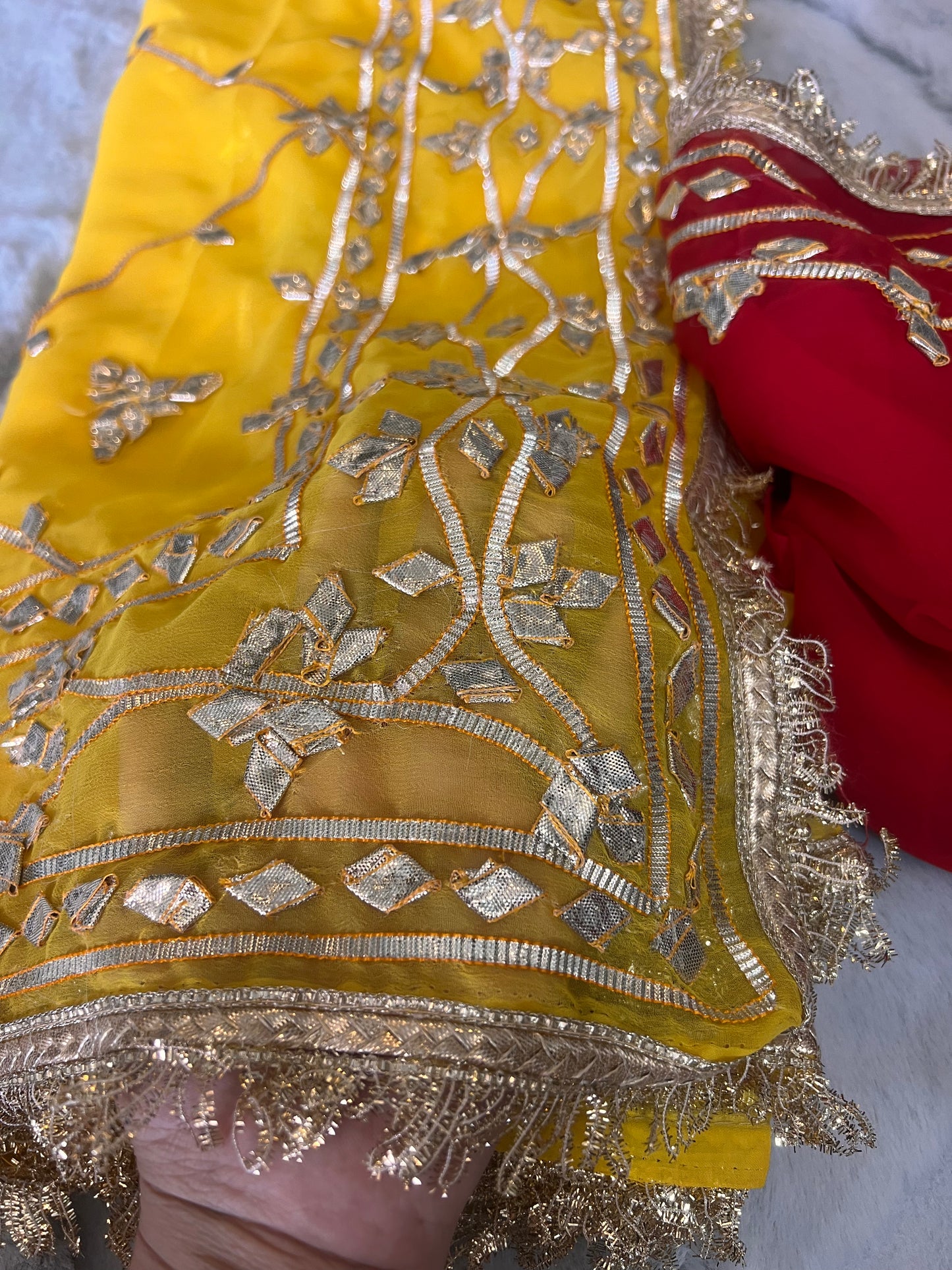 Beautiful Soft Chiffon Yellow Color Gota Zaal Work Saree