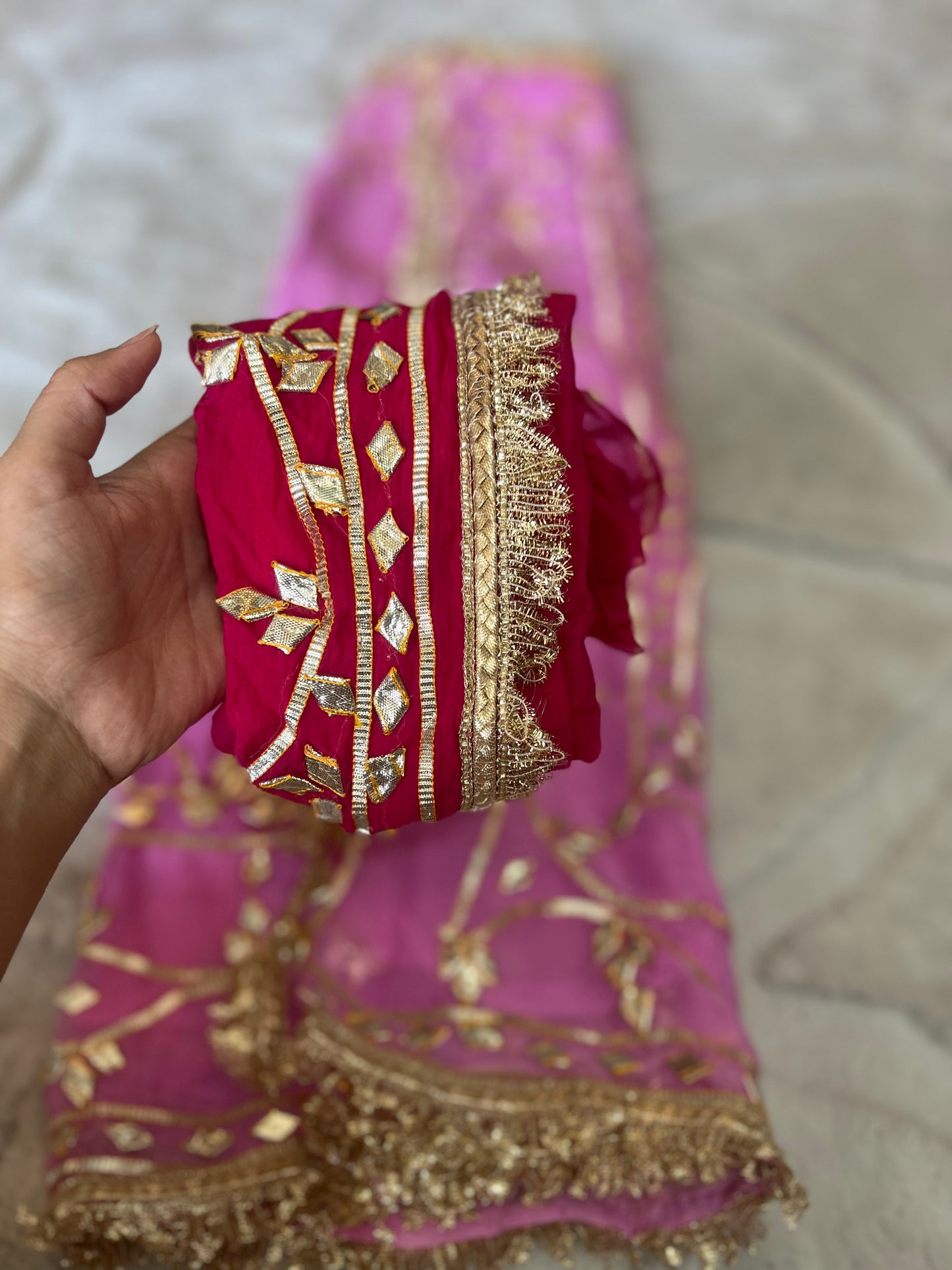 Beautiful Baby Pink Soft Chiffon Gota Zaal Work Saree