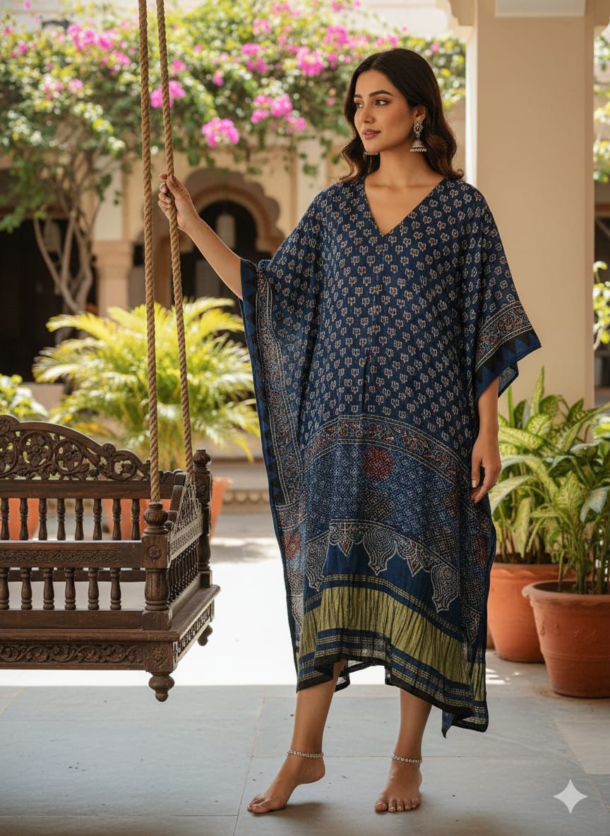 Pure Modal Silk Ajrakh Hand Block with Zari Daman Kaftan