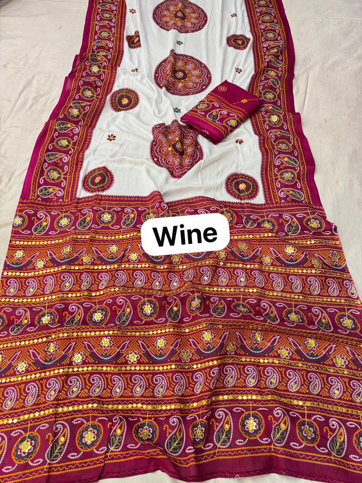 Beautiful Wine Color Gujarati Saree