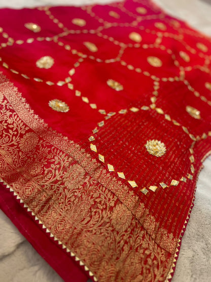 Pure HO silk pink and red shaded-sari with hand, Gota work all over the Sari and beautiful Banarasi border with same fabric blouse piece with same Hand Gota work