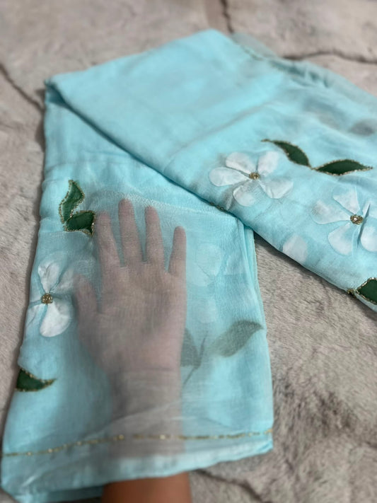 Beautiful Sky Blue Color Flower Pearl Work Saree with Blouse Piece