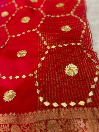 Pure HO silk pink and red shaded-sari with hand, Gota work all over the Sari and beautiful Banarasi border with same fabric blouse piece with same Hand Gota work