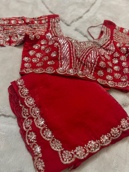 Beautiful Red Color Fendy Tissue Saree with Stitched Blouse (Free Size Till 40)