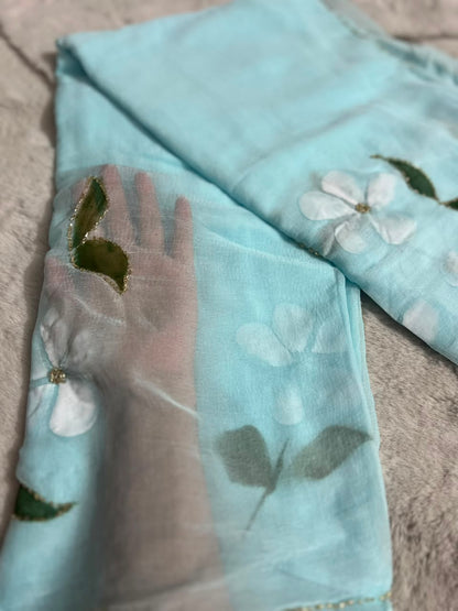 Beautiful Sky Blue Color Flower Pearl Work Saree with Blouse Piece