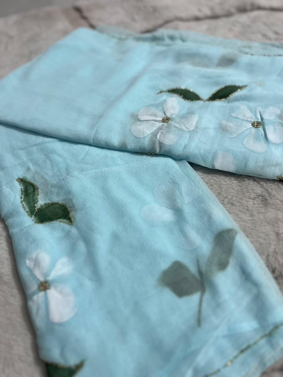 Beautiful Sky Blue Color Flower Pearl Work Saree with Blouse Piece