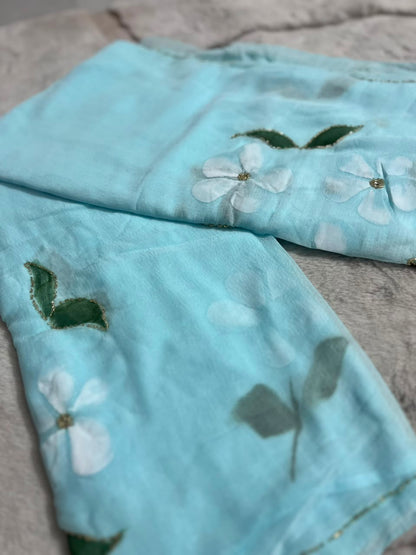 Beautiful Sky Blue Color Flower Pearl Work Saree with Blouse Piece