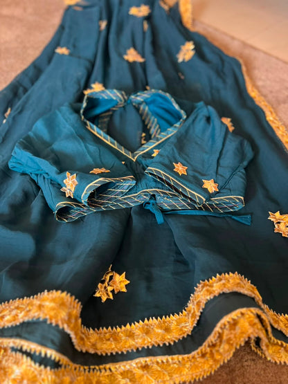 Navy Blue Pure Chiffon Saree with Beautiful Rajasthani Border and Pure Crêpe Blouse Piece