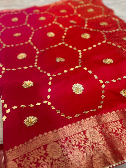 Pure HO silk pink and red shaded-sari with hand, Gota work all over the Sari and beautiful Banarasi border with same fabric blouse piece with same Hand Gota work