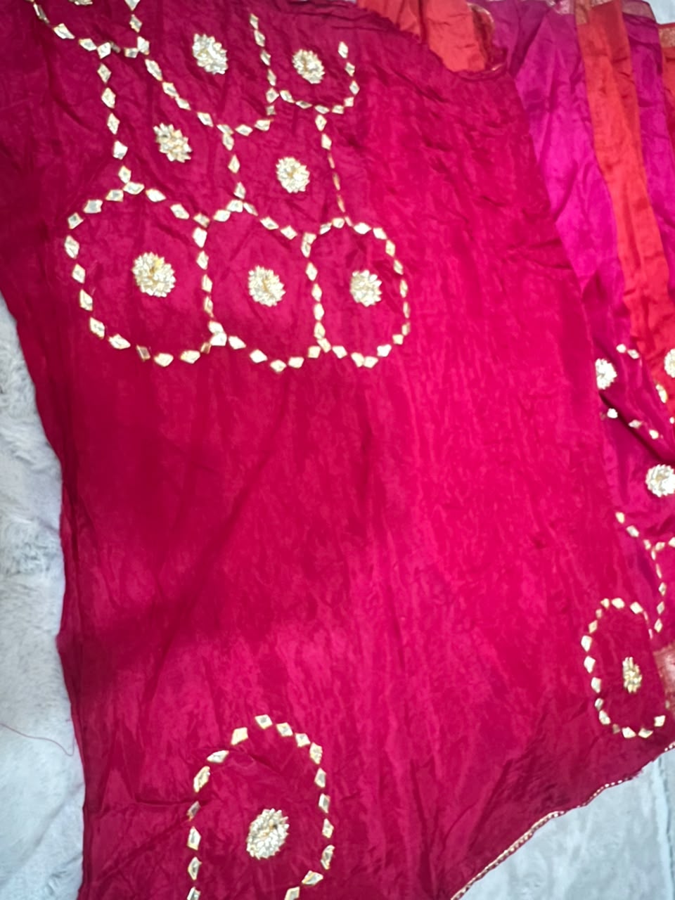 Pure HO silk pink and red shaded-sari with hand, Gota work all over the Sari and beautiful Banarasi border with same fabric blouse piece with same Hand Gota work