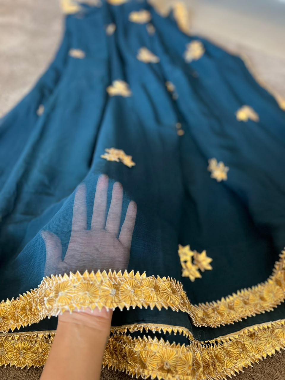 Navy Blue Pure Chiffon Saree with Beautiful Rajasthani Border and Pure Crêpe Blouse Piece