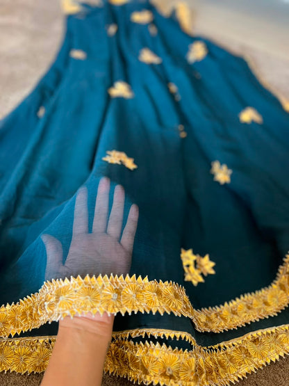Navy Blue Pure Chiffon Saree with Beautiful Rajasthani Border and Pure Crêpe Blouse Piece