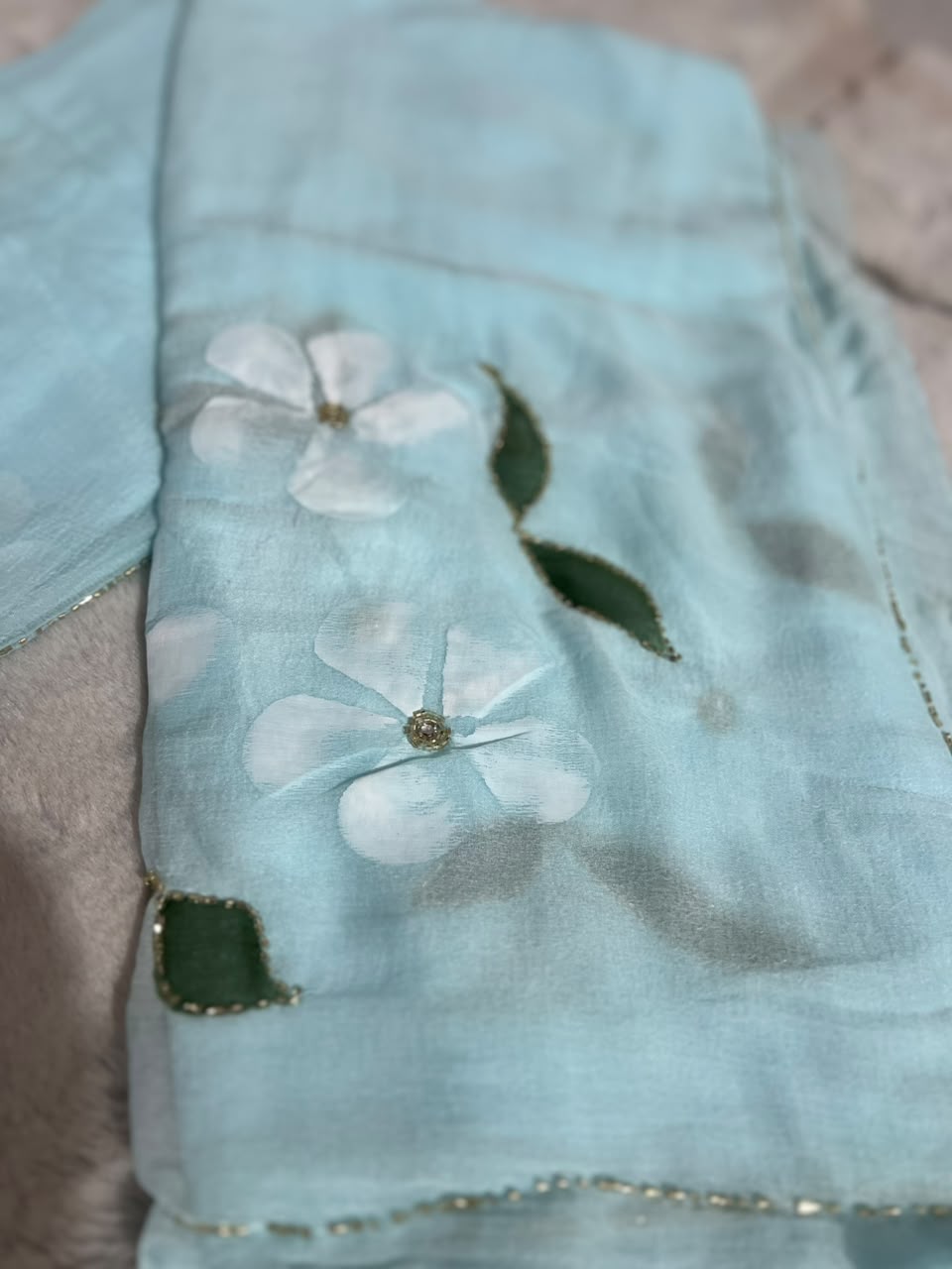 Beautiful Sky Blue Color Flower Pearl Work Saree with Blouse Piece