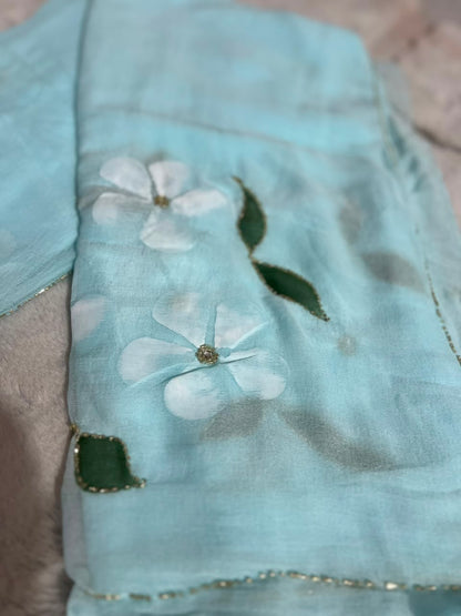 Beautiful Sky Blue Color Flower Pearl Work Saree with Blouse Piece