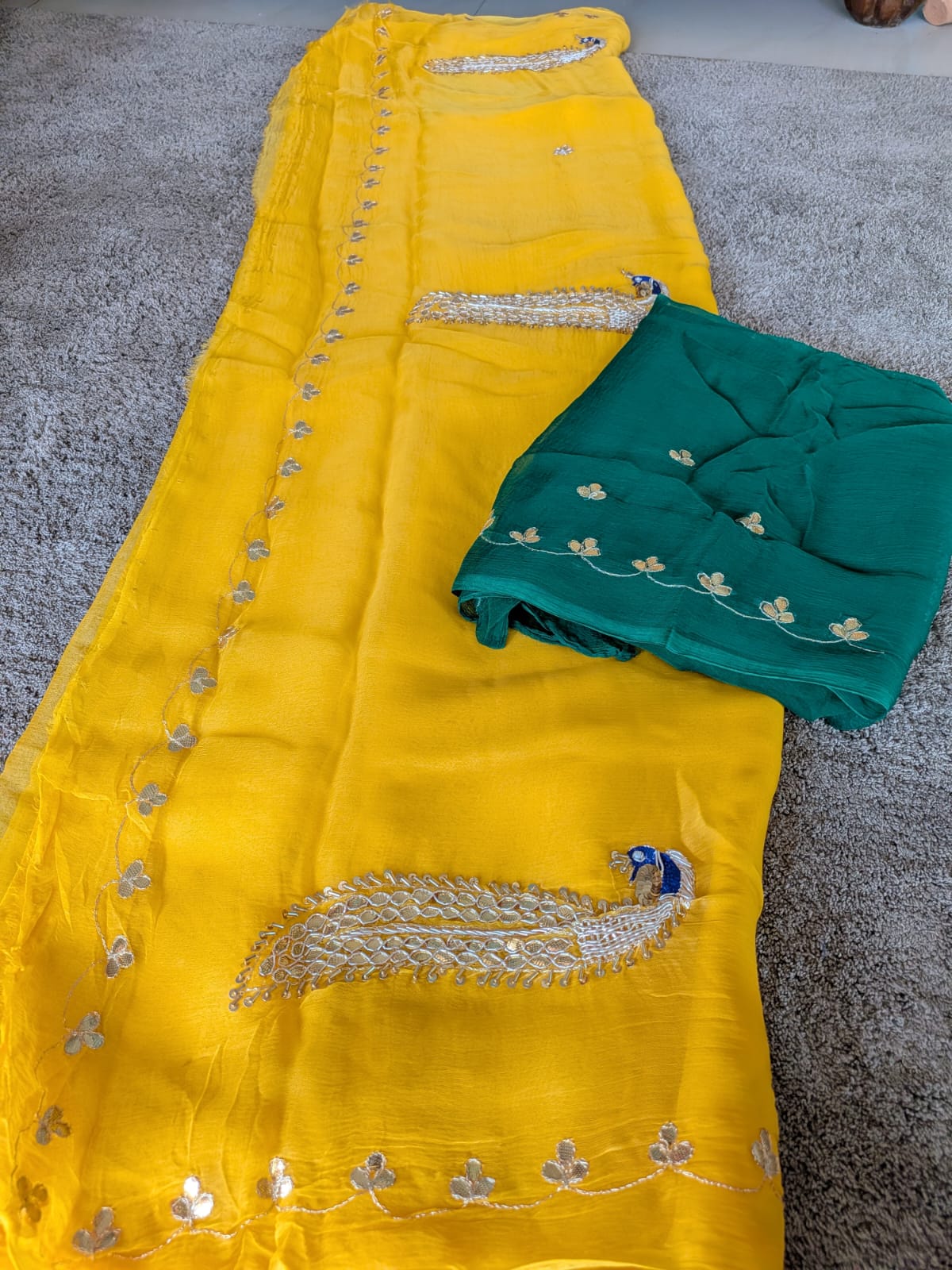 Beautiful Yellow Color Chiffon Saree with Peacock Design and Blouse Piece