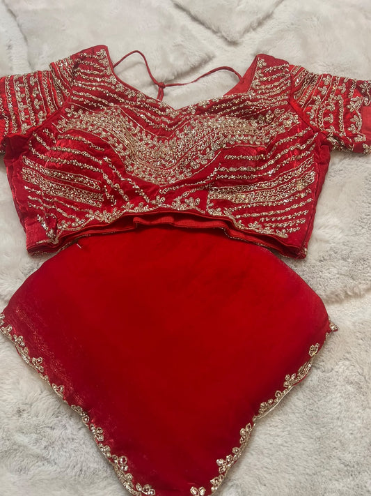 Beautiful Red Color Fendy Tissue Saree with Stitched Blouse (Free Size Till 40)