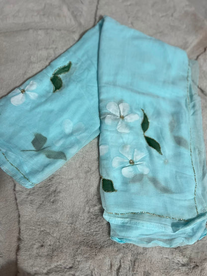 Beautiful Sky Blue Color Flower Pearl Work Saree with Blouse Piece