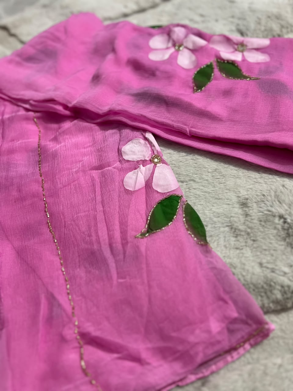 Beautiful Baby Pink Color Flowe Pearl Work Saree with Blouse Piece