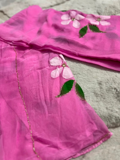 Beautiful Baby Pink Color Flowe Pearl Work Saree with Blouse Piece