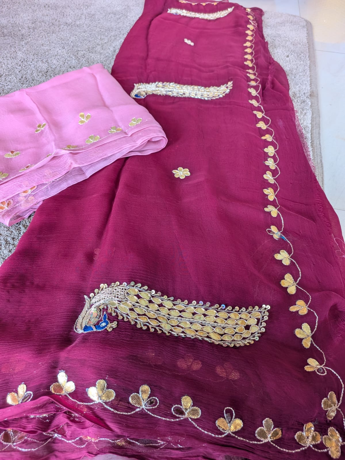 Beautiful Wine Color Chiffon Saree with Peacock Design and Blouse Piece