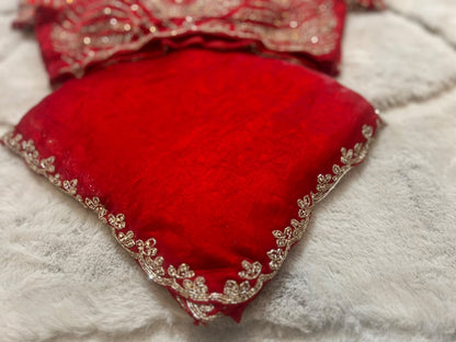 Beautiful Red Color Fendy Tissue Saree with Stitched Blouse (Free Size Till 40)