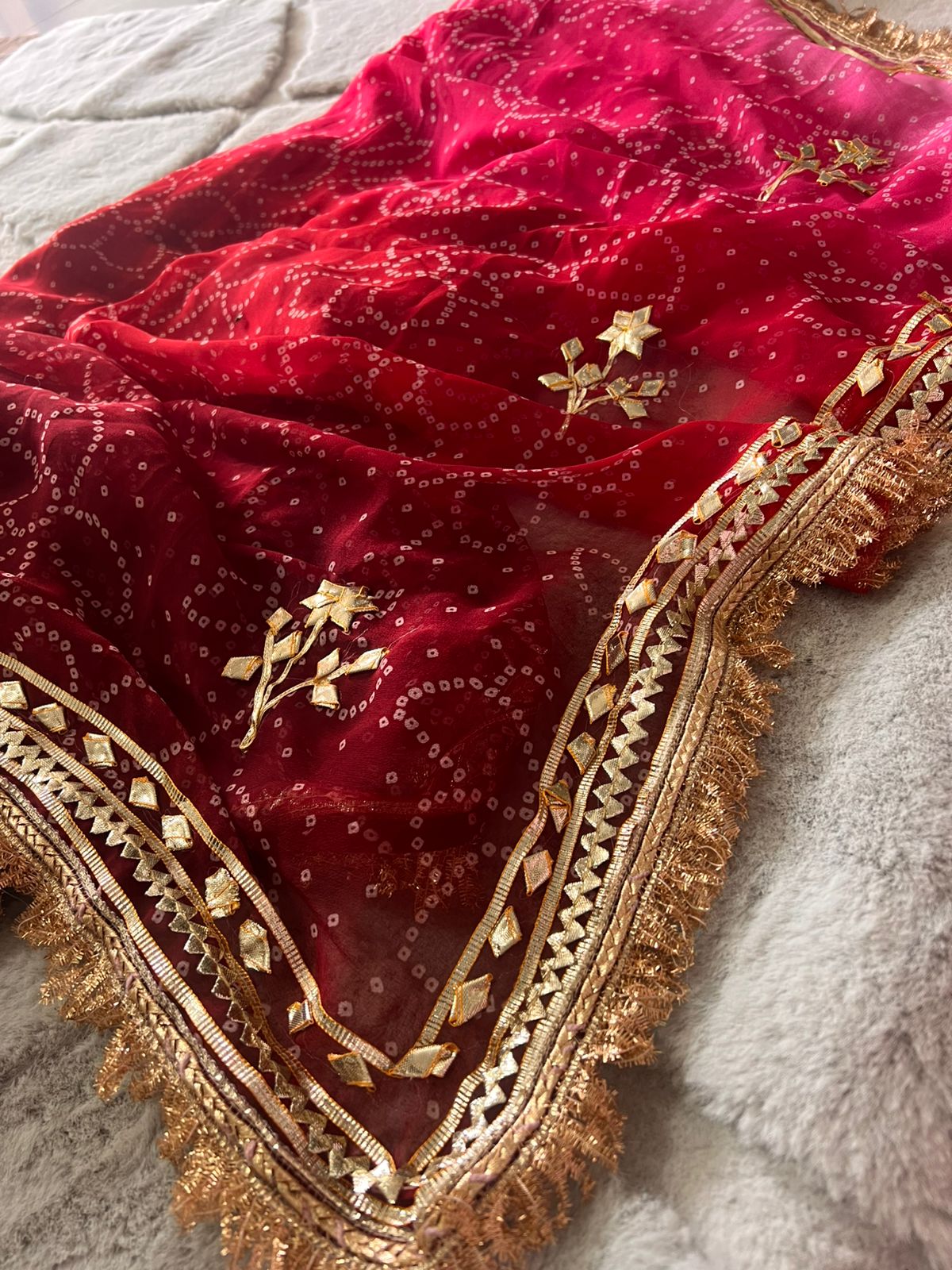 Pink-Maroon Shaded Bandhini Gota Designer Saree with Running Blouse