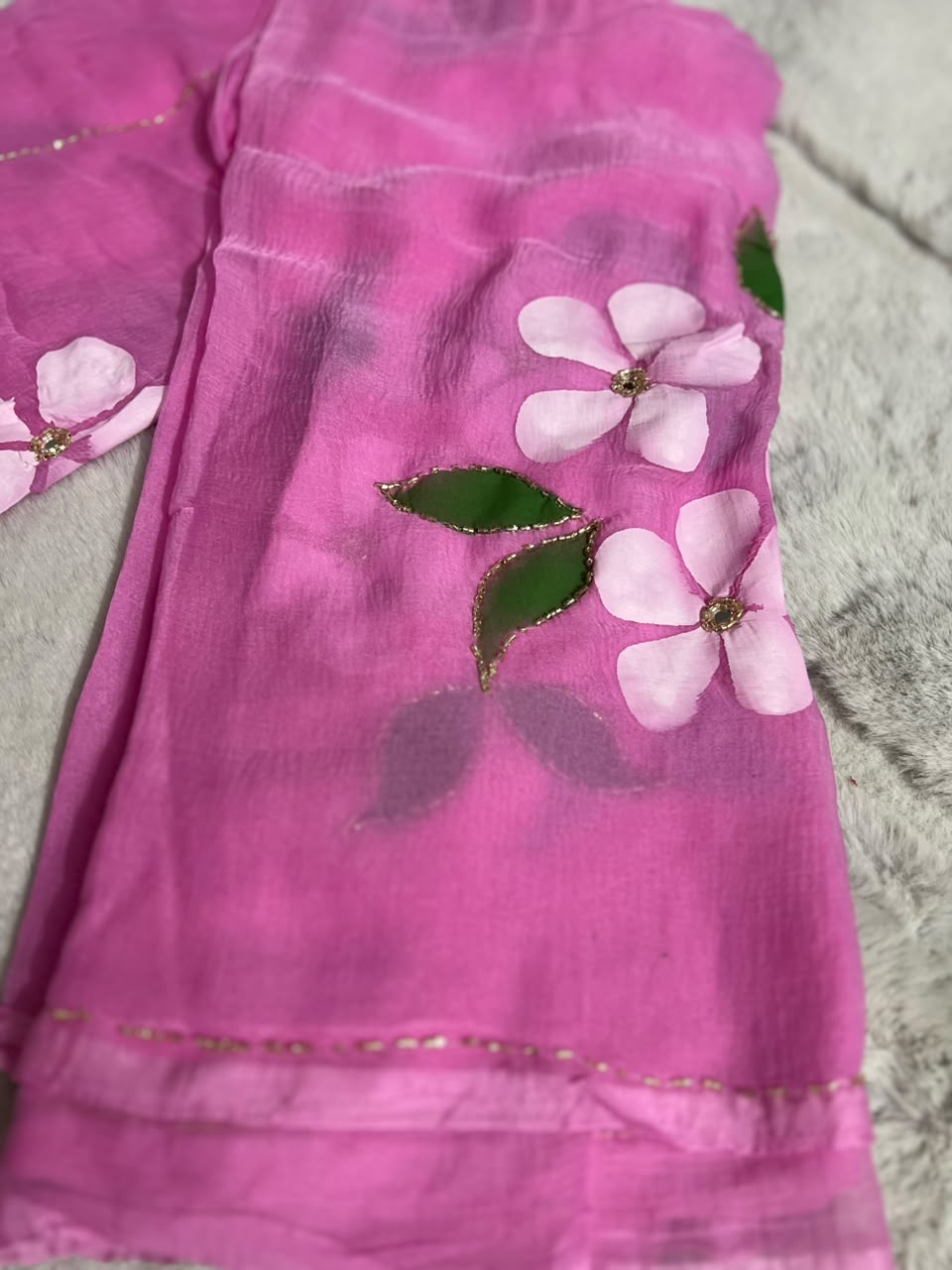Beautiful Baby Pink Color Flowe Pearl Work Saree with Blouse Piece