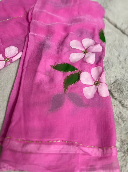 Beautiful Baby Pink Color Flowe Pearl Work Saree with Blouse Piece