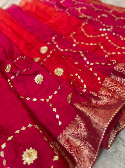 Pure HO silk pink and red shaded-sari with hand, Gota work all over the Sari and beautiful Banarasi border with same fabric blouse piece with same Hand Gota work