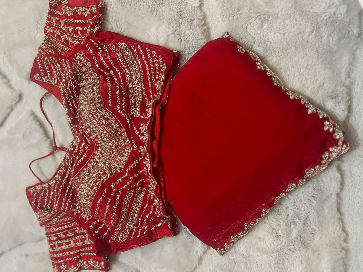 Beautiful Red Color Fendy Tissue Saree with Stitched Blouse (Free Size Till 40)
