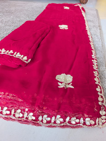 Beautiful Red Color Chiffon Saree with Flower Design and Blouse Piece