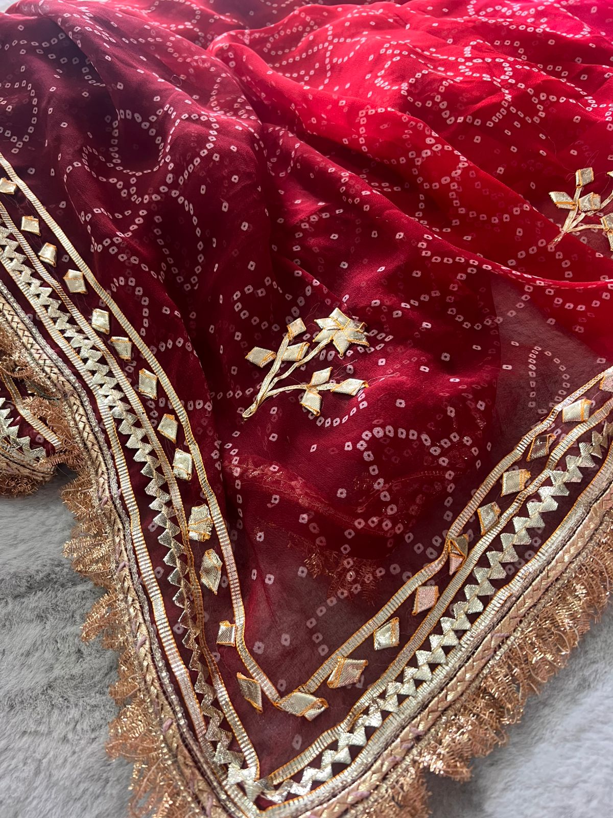 Pink-Maroon Shaded Bandhini Gota Designer Saree with Running Blouse