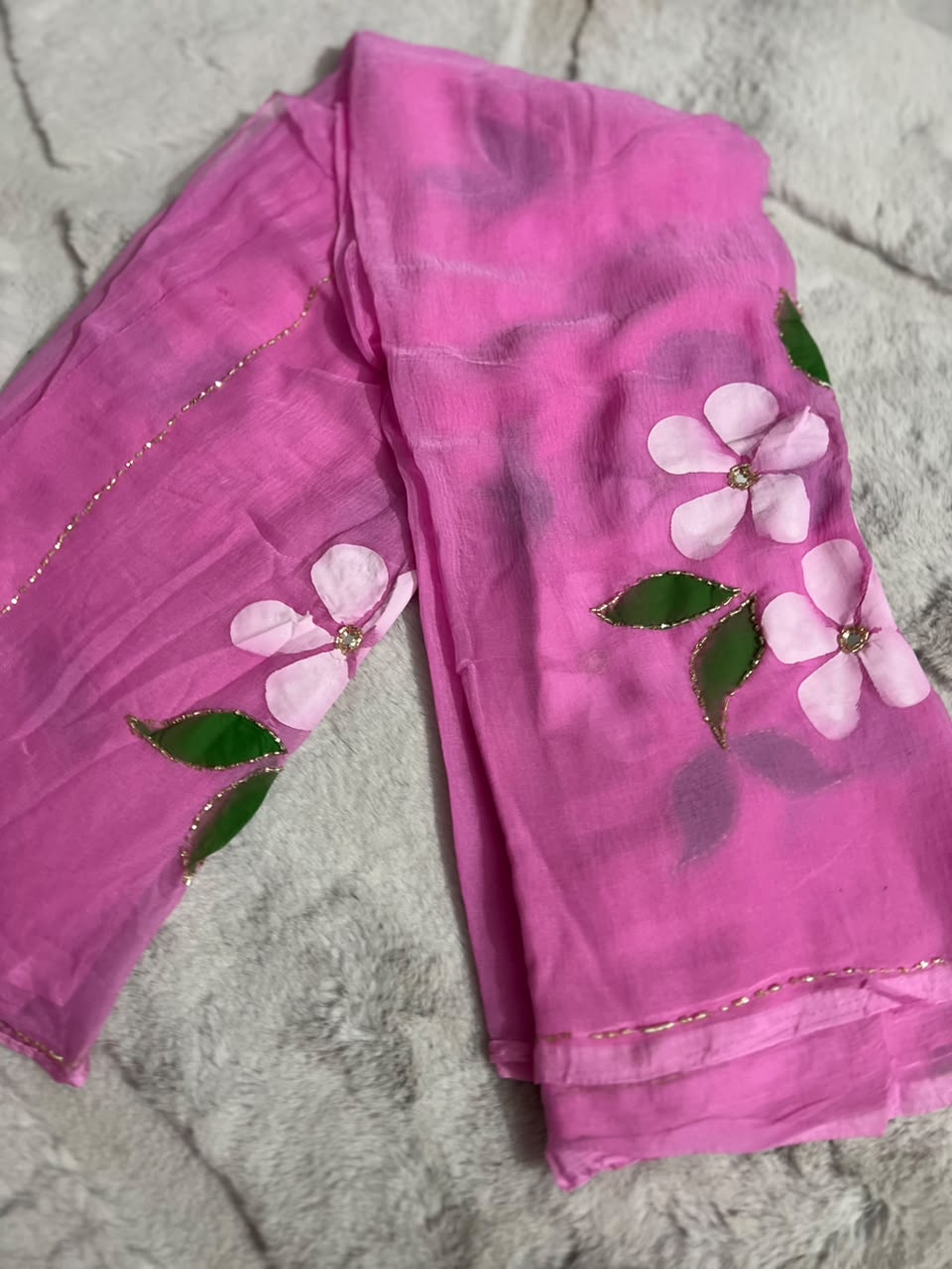 Beautiful Baby Pink Color Flowe Pearl Work Saree with Blouse Piece
