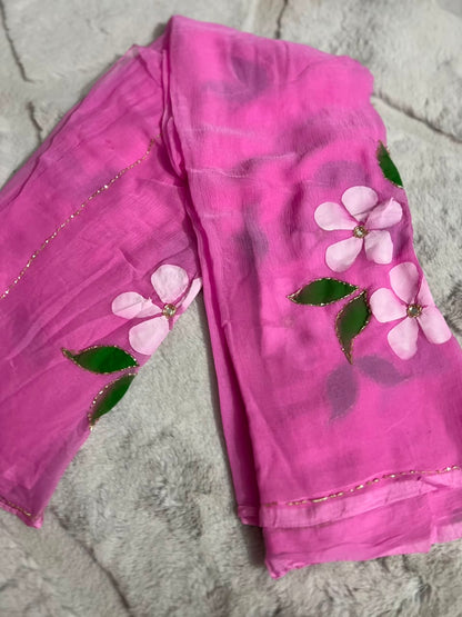 Beautiful Baby Pink Color Flowe Pearl Work Saree with Blouse Piece