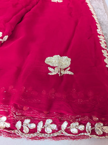 Beautiful Red Color Chiffon Saree with Flower Design and Blouse Piece
